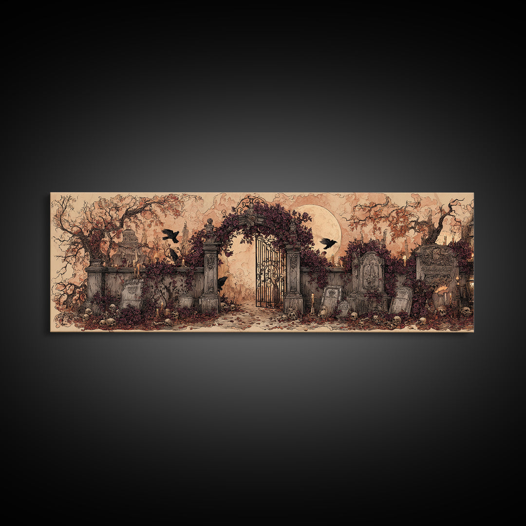 The Black Rose Cemetery Gate - Occult Still Life, Spooky Wall Decor, Extra Wide Wall Art, Framed Canvas Print, Halloween Home Decor