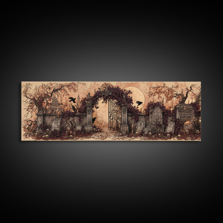 The Black Rose Cemetery Gate - Occult Still Life, Spooky Wall Decor, Extra Wide Wall Art, Framed Canvas Print, Halloween Home Decor