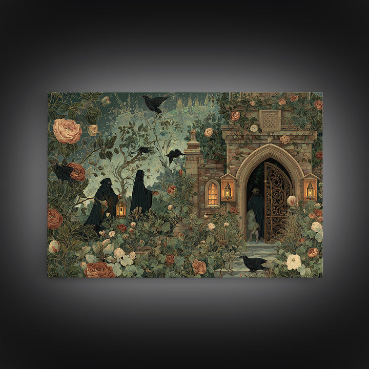 The Black Rose Cemetery Gate - Procession Scene, Macabre Halloween Art, Landscape Wall Art, Framed Canvas Print, Halloween Home Decor