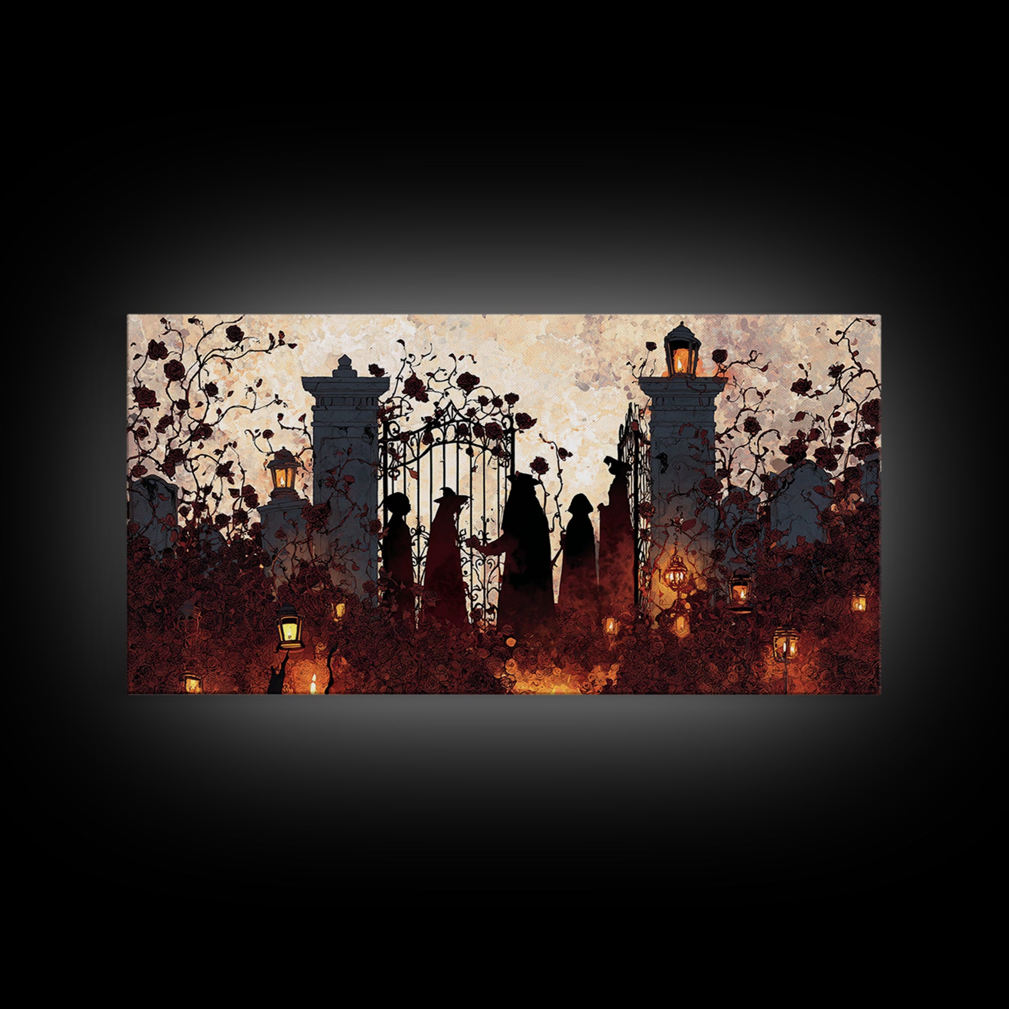 The Black Rose Cemetery Gate - Procession Scene, Spooky Wall Decor, Wide Panoramic Art, Framed Canvas Print, Halloween Home Decor
