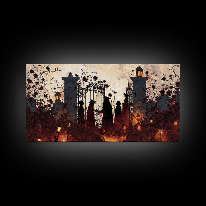 The Black Rose Cemetery Gate - Procession Scene, Spooky Wall Decor, Wide Panoramic Art, Framed Canvas Print, Halloween Home Decor