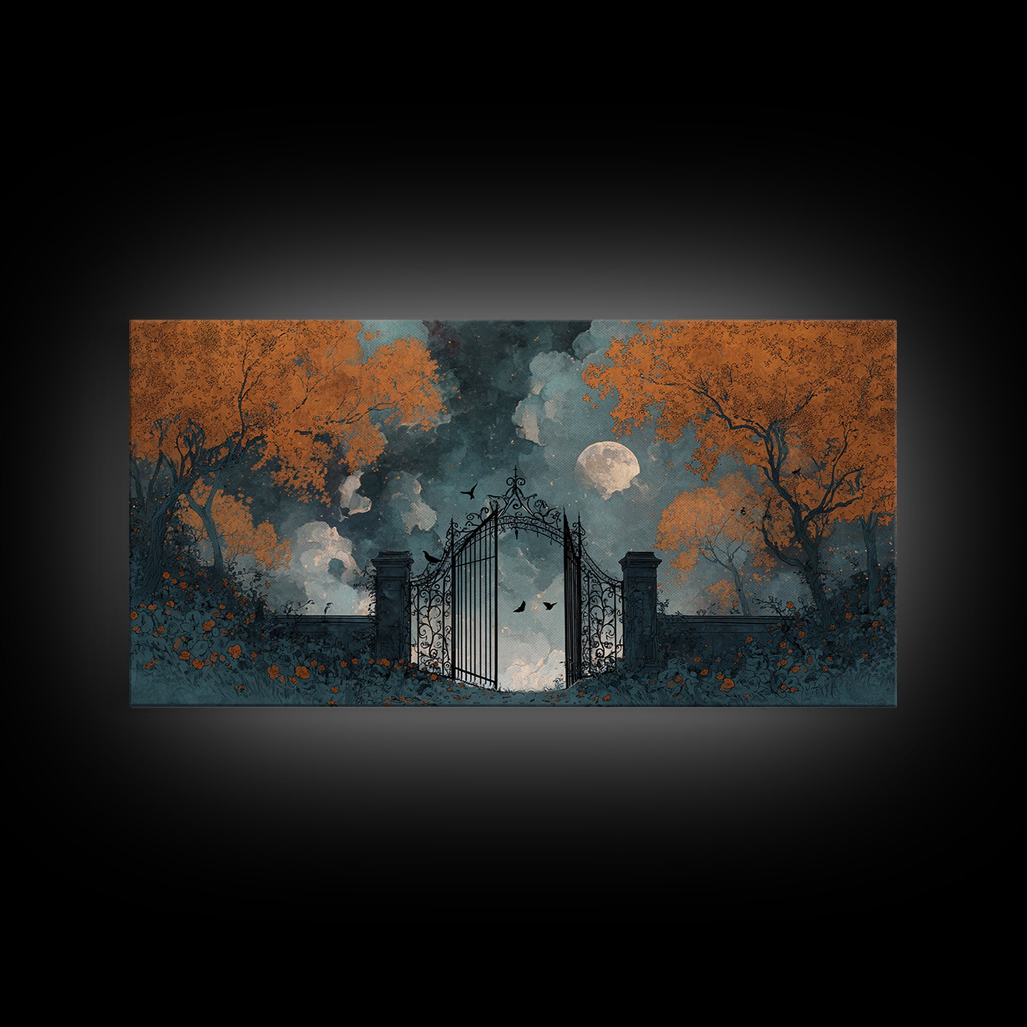 The Black Rose Cemetery Gate - Surreal Celestial Vision, Occult Wall Decor, Wide Panoramic Art, Canvas Print, Halloween Home Decor