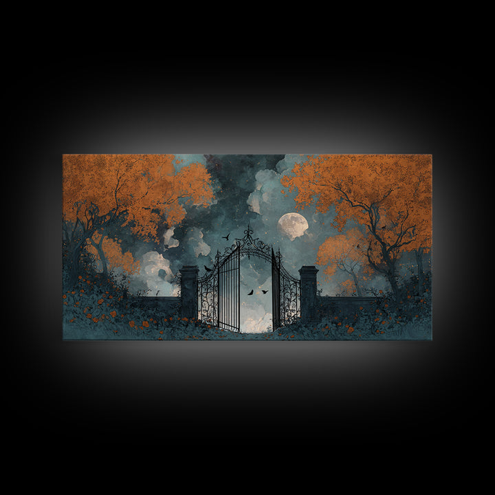 The Black Rose Cemetery Gate - Surreal Celestial Vision, Occult Wall Decor, Wide Panoramic Art, Canvas Print, Halloween Home Decor