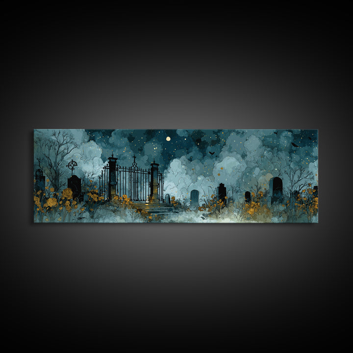 The Black Rose Cemetery Gate - Surreal Celestial Vision, Halloween Wall Art, Extra Wide Wall Art, Framed Canvas Print, Halloween Home Decor