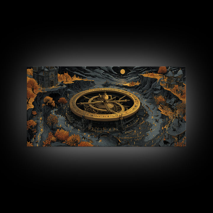 The Cursed Astrolabe - Environmental Panorama, Spooky Wall Decor, Wide Panoramic Art, Framed Canvas Print, Halloween Home Decor