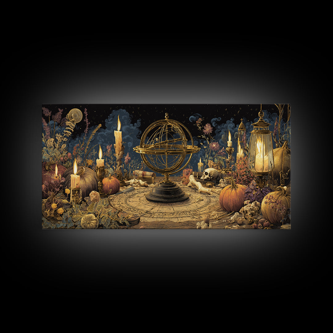 The Cursed Astrolabe - Occult Still Life, Occult Wall Decor, Wide Panoramic Art, Canvas Print, Halloween Home Decor, Gothic Wall Art