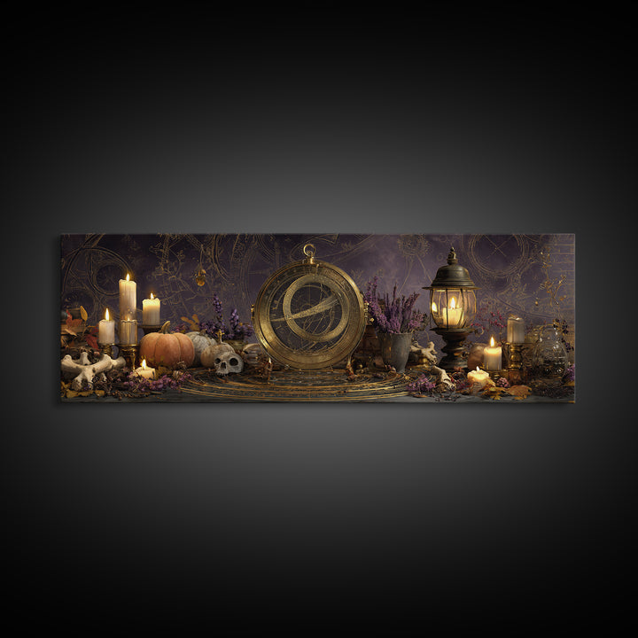 The Cursed Astrolabe - Occult Still Life, Halloween Wall Art, Extra Wide Wall Art, Framed Canvas Print, Halloween Home Decor