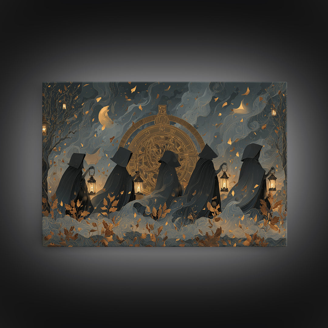 The Cursed Astrolabe - Procession Scene, Macabre Halloween Art, Landscape Wall Art, Framed Canvas Print, Halloween Home Decor