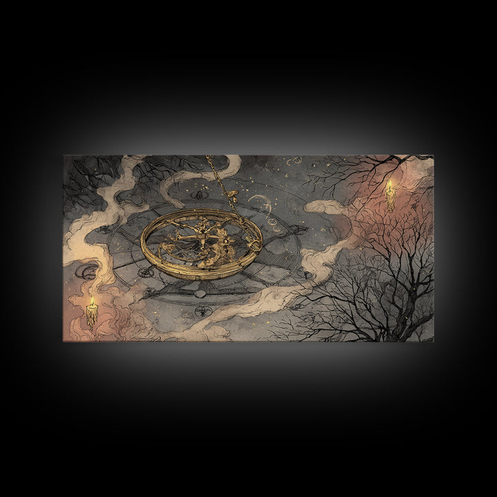 The Cursed Astrolabe - Surreal Celestial Vision, Halloween Wall Art, Wide Panoramic Art, Framed Canvas Print, Halloween Home Decor