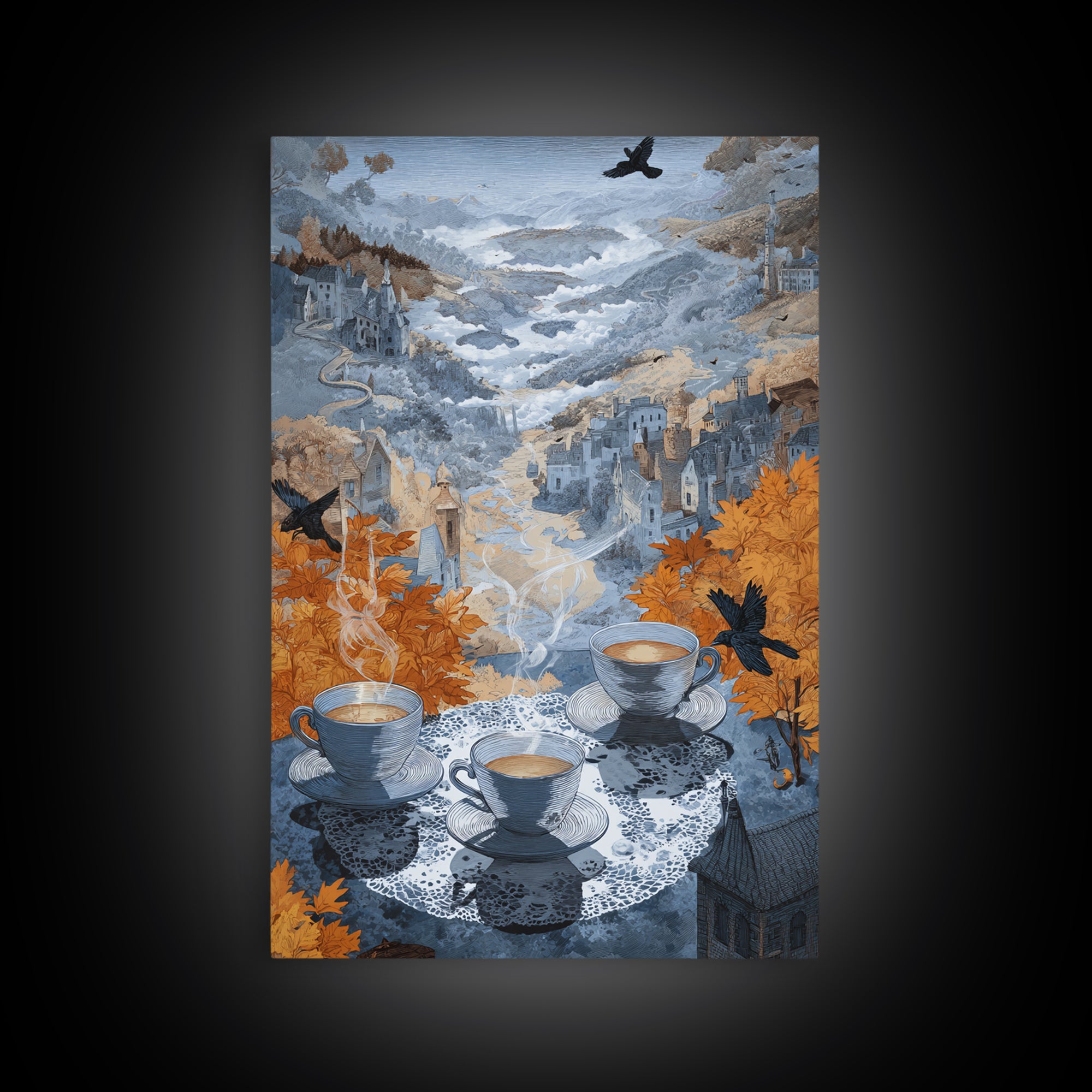 The Haunted Teacup Seance - Environmental Panorama, Spooky Wall Decor, Vertical Wall Art, Framed Canvas Print, Halloween Home Decor