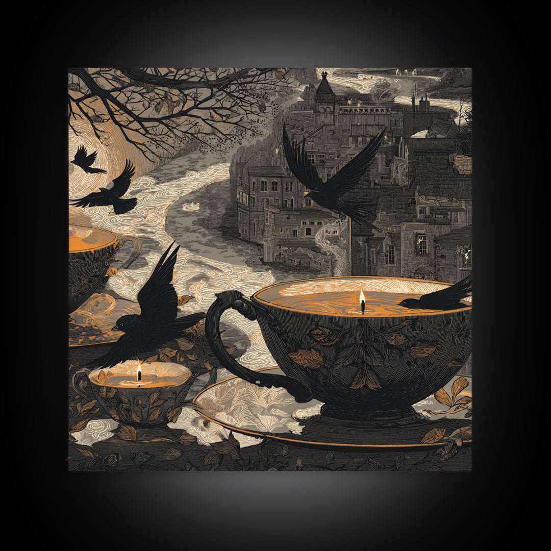 The Haunted Teacup Seance - Environmental Panorama, Dark Fantasy Wall Art, Square Wall Art, Canvas Print, Halloween Home Decor