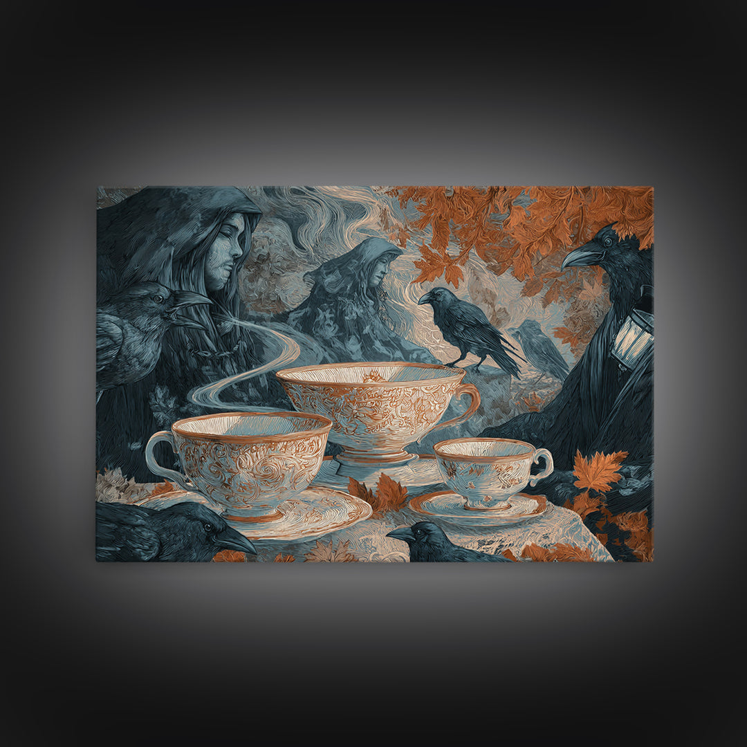 The Haunted Teacup Seance - Procession Scene, Macabre Halloween Art, Landscape Wall Art, Framed Canvas Print, Halloween Home Decor