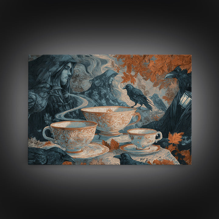 The Haunted Teacup Seance - Procession Scene, Macabre Halloween Art, Landscape Wall Art, Framed Canvas Print, Halloween Home Decor