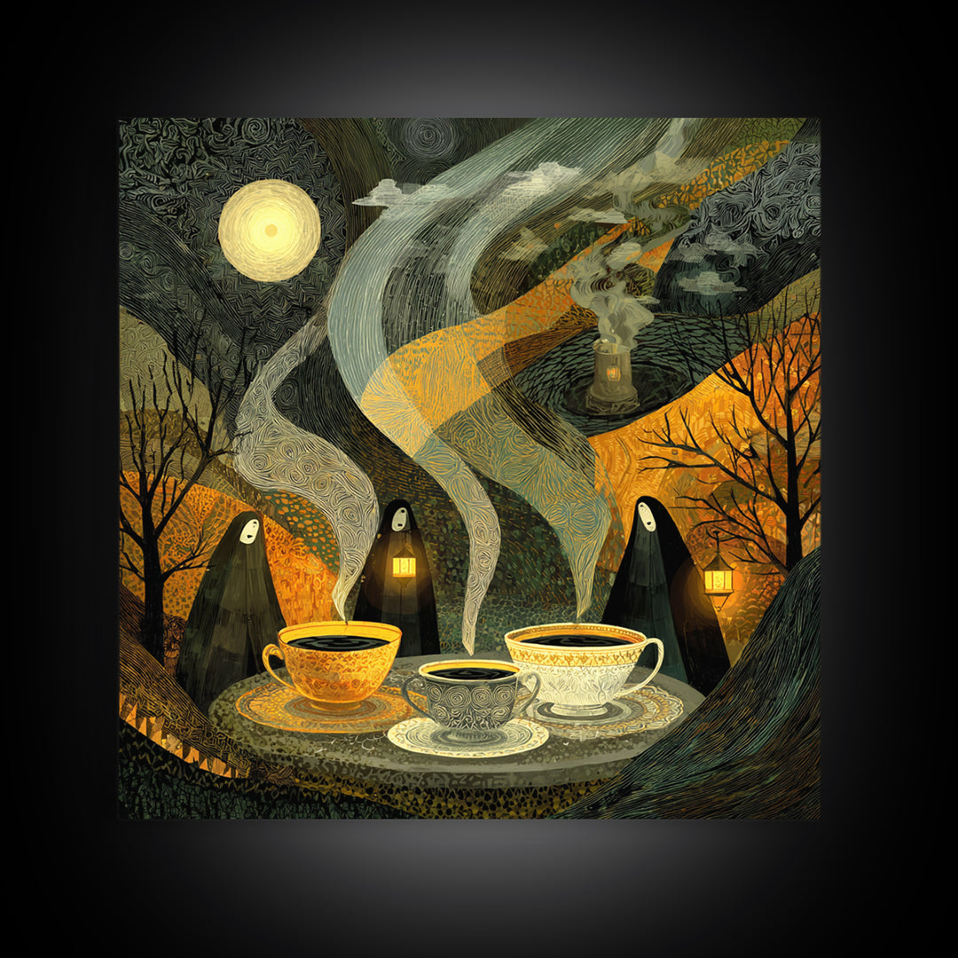 The Haunted Teacup Seance - Procession Scene, Occult Wall Decor, Square Wall Art, Canvas Print, Halloween Home Decor, Gothic Wall Art