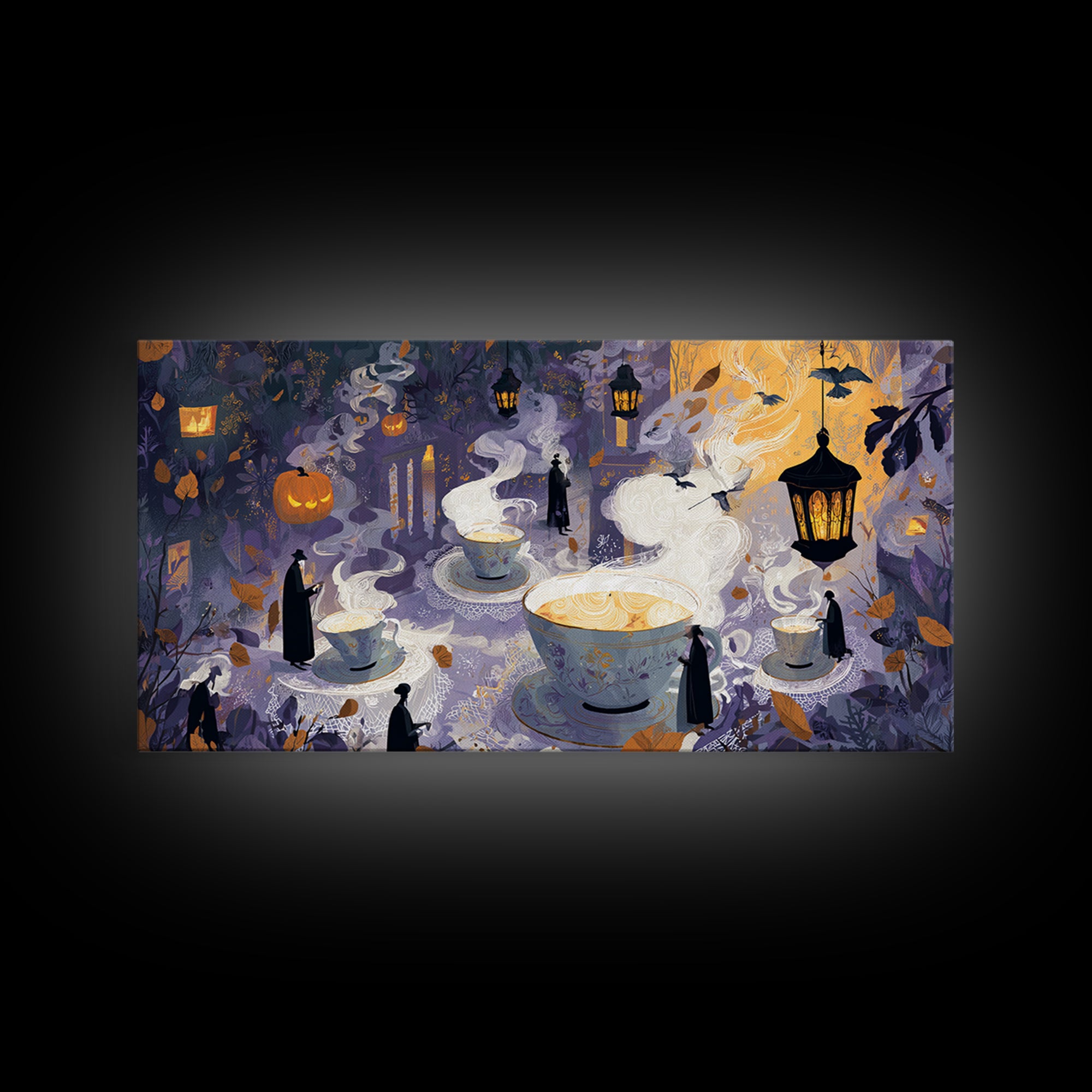 The Haunted Teacup Seance - Procession Scene, Dark Fantasy Wall Art, Wide Panoramic Art, Canvas Print, Halloween Home Decor, Gothic Wall Art