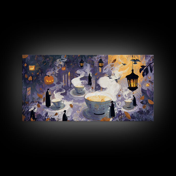The Haunted Teacup Seance - Procession Scene, Dark Fantasy Wall Art, Wide Panoramic Art, Canvas Print, Halloween Home Decor, Gothic Wall Art