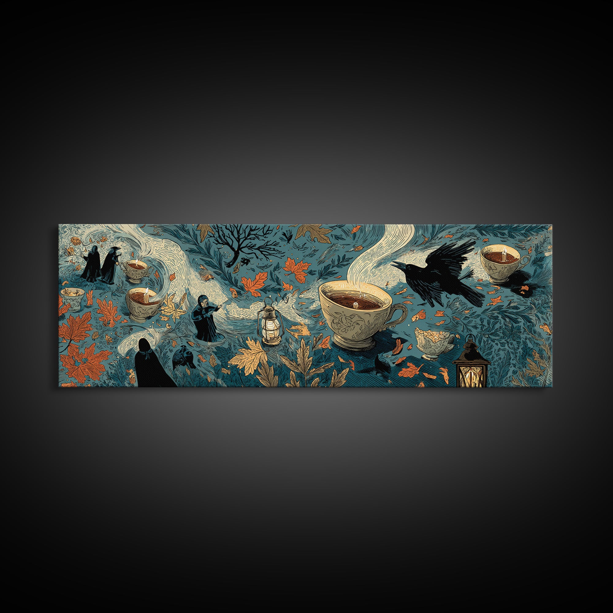 The Haunted Teacup Seance - Procession Scene, Occult Wall Decor, Extra Wide Wall Art, Canvas Print, Halloween Home Decor, Gothic Wall Art