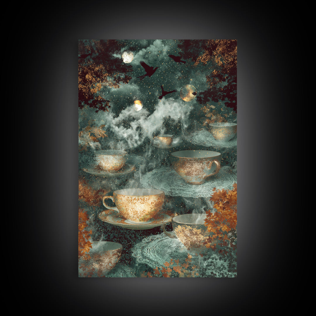 The Haunted Teacup Seance - Surreal Celestial Vision, Gothic Home Decor, Vertical Wall Art, Canvas Print, Halloween Home Decor