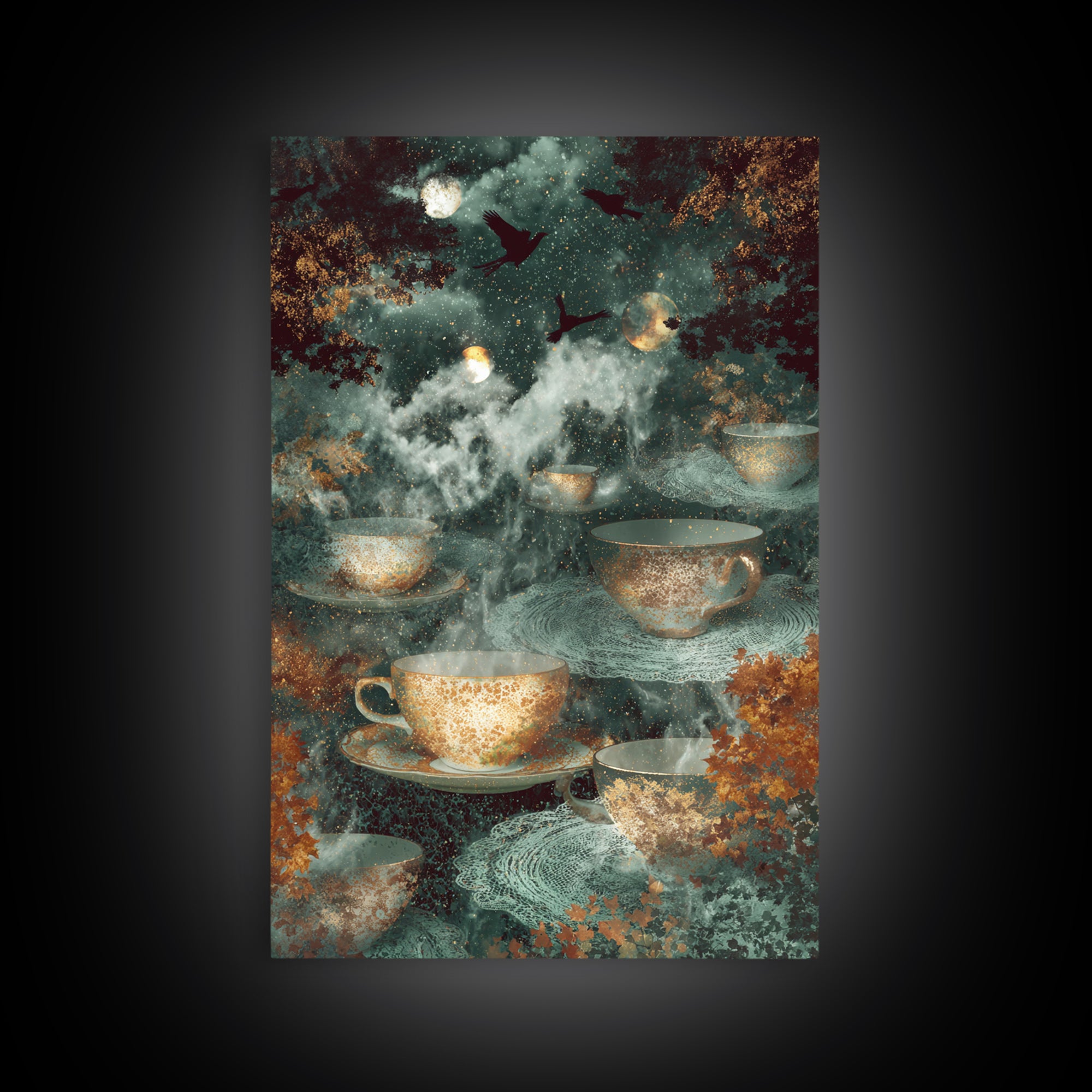 The Haunted Teacup Seance - Surreal Celestial Vision, Gothic Home Decor, Vertical Wall Art, Canvas Print, Halloween Home Decor