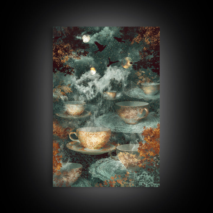 The Haunted Teacup Seance - Surreal Celestial Vision, Gothic Home Decor, Vertical Wall Art, Canvas Print, Halloween Home Decor