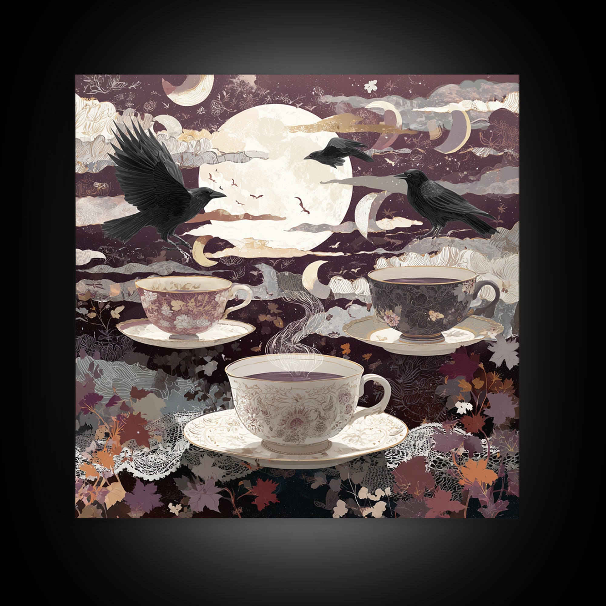 The Haunted Teacup Seance - Surreal Celestial Vision, Occult Wall Decor, Square Wall Art, Canvas Print, Halloween Home Decor
