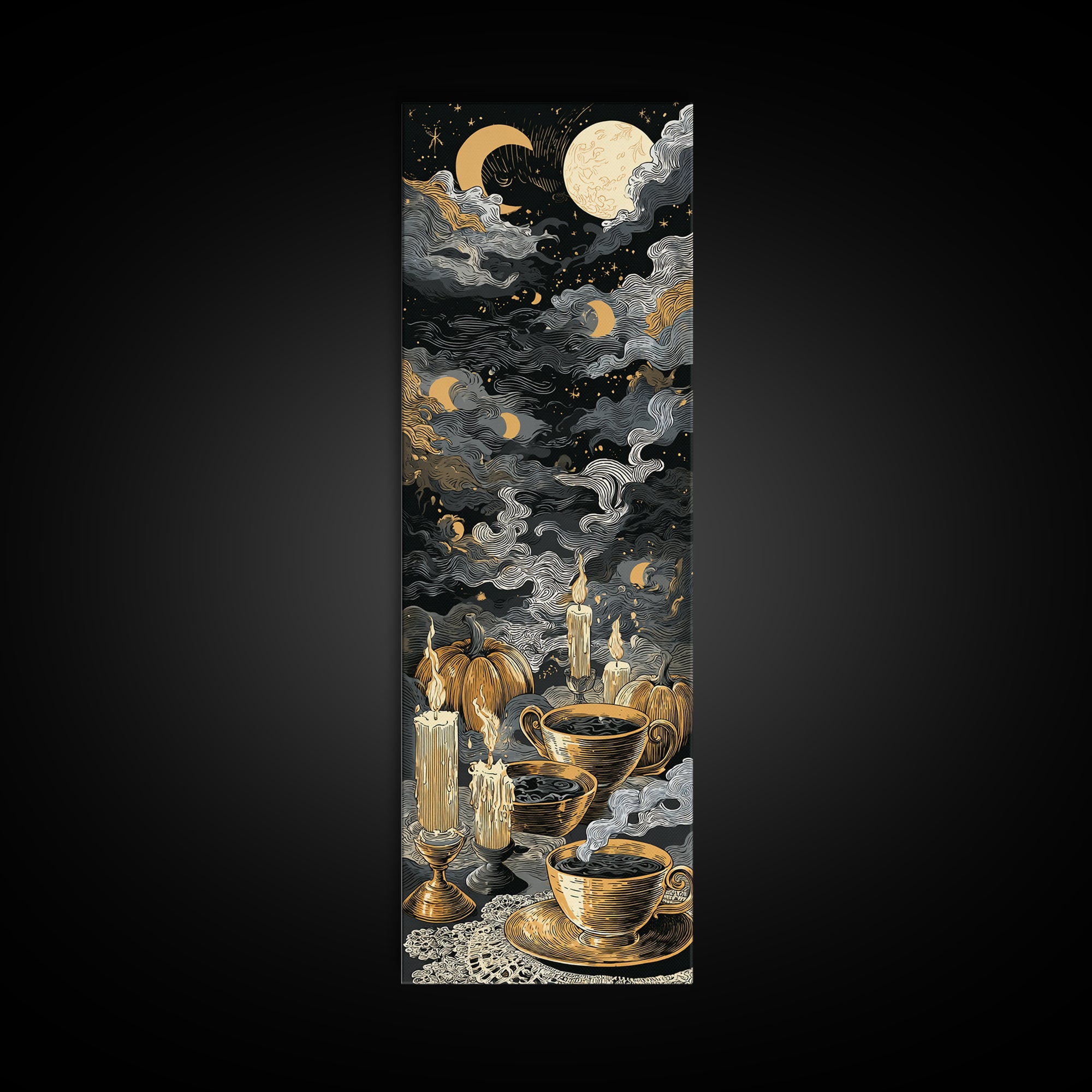 The Haunted Teacup Seance - Surreal Celestial Vision, Macabre Halloween Art, Tall Narrow Wall Art, Framed Canvas Print, Halloween Home Decor