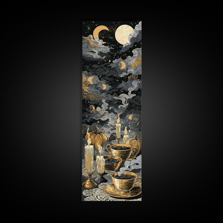 The Haunted Teacup Seance - Surreal Celestial Vision, Macabre Halloween Art, Tall Narrow Wall Art, Framed Canvas Print, Halloween Home Decor