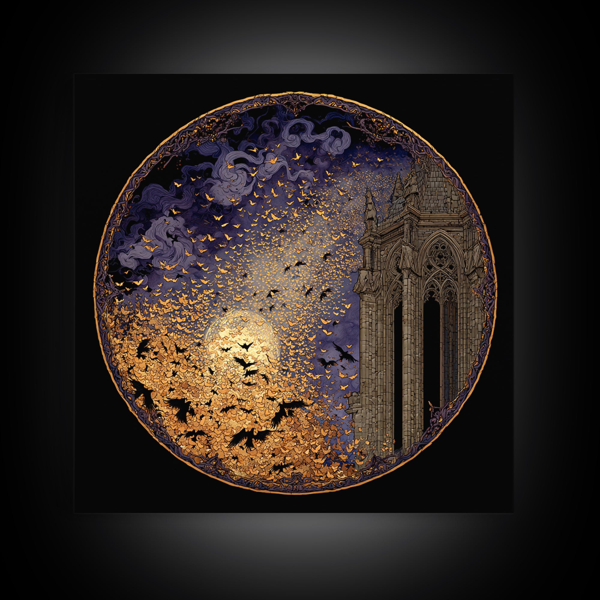 The Golden Bat Swarm - Icon Portrait, Gothic Home Decor, Square Wall Art, Canvas Print, Halloween Home Decor, Gothic Wall Art