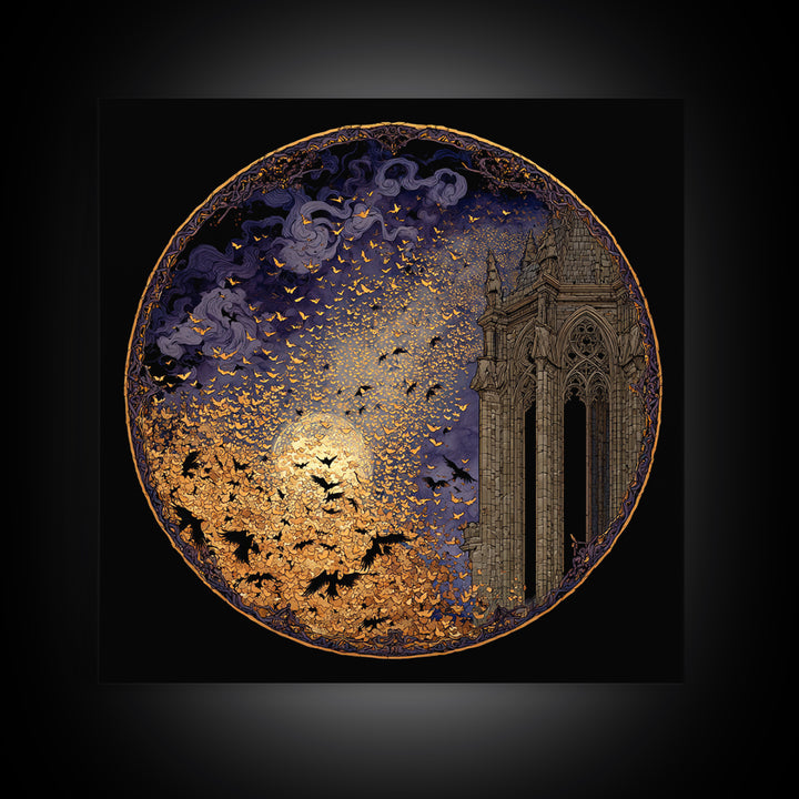 The Golden Bat Swarm - Icon Portrait, Gothic Home Decor, Square Wall Art, Canvas Print, Halloween Home Decor, Gothic Wall Art