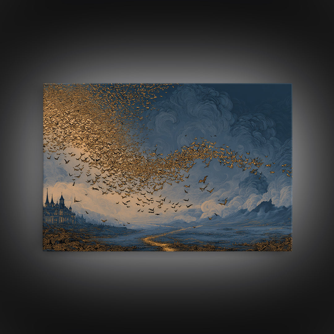 The Golden Bat Swarm - Environmental Panorama, Spooky Wall Decor, Landscape Wall Art, Framed Canvas Print, Halloween Home Decor