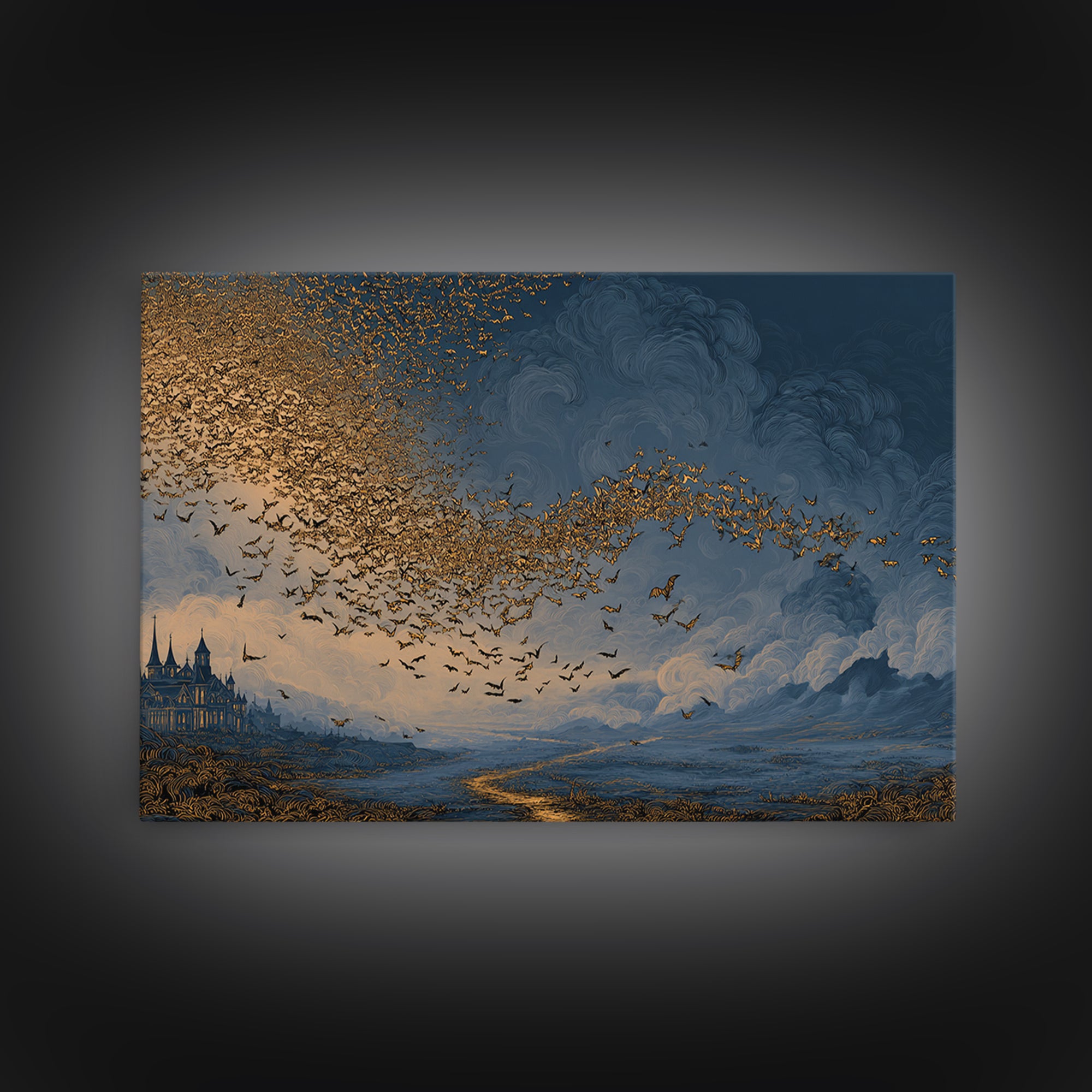 The Golden Bat Swarm - Environmental Panorama, Spooky Wall Decor, Landscape Wall Art, Framed Canvas Print, Halloween Home Decor