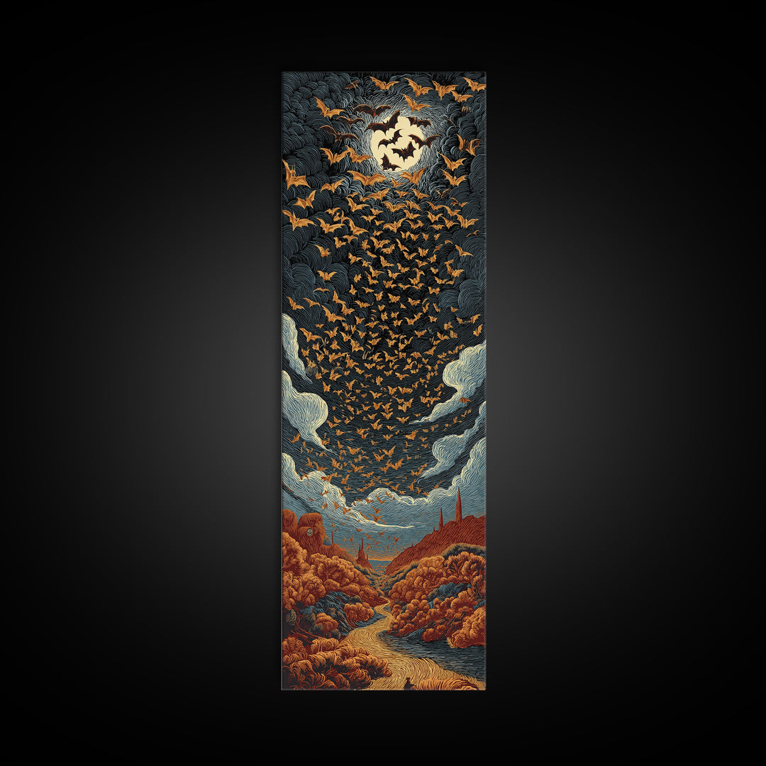 The Golden Bat Swarm - Environmental Panorama, Halloween Wall Art, Tall Narrow Wall Art, Framed Canvas Print, Halloween Home Decor
