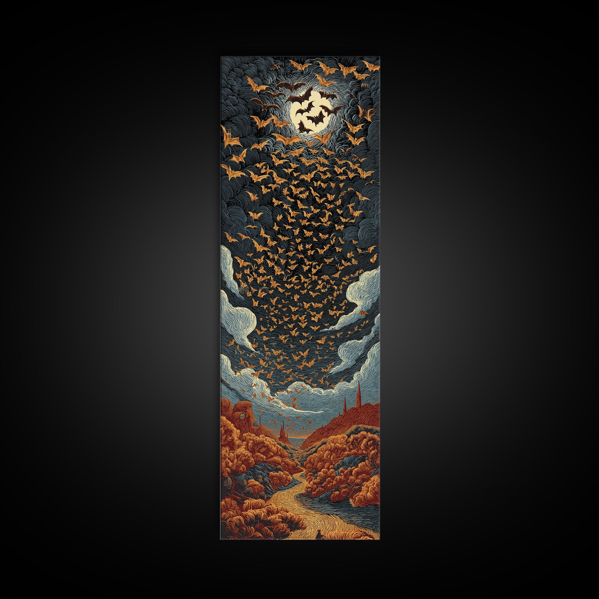 The Golden Bat Swarm - Environmental Panorama, Halloween Wall Art, Tall Narrow Wall Art, Framed Canvas Print, Halloween Home Decor