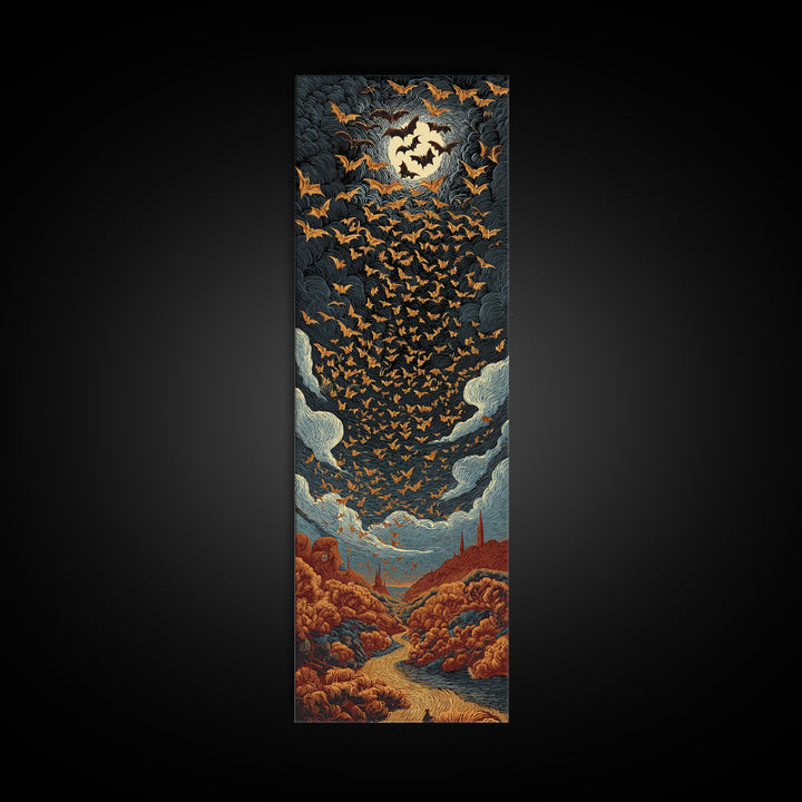 The Golden Bat Swarm - Environmental Panorama, Halloween Wall Art, Tall Narrow Wall Art, Framed Canvas Print, Halloween Home Decor