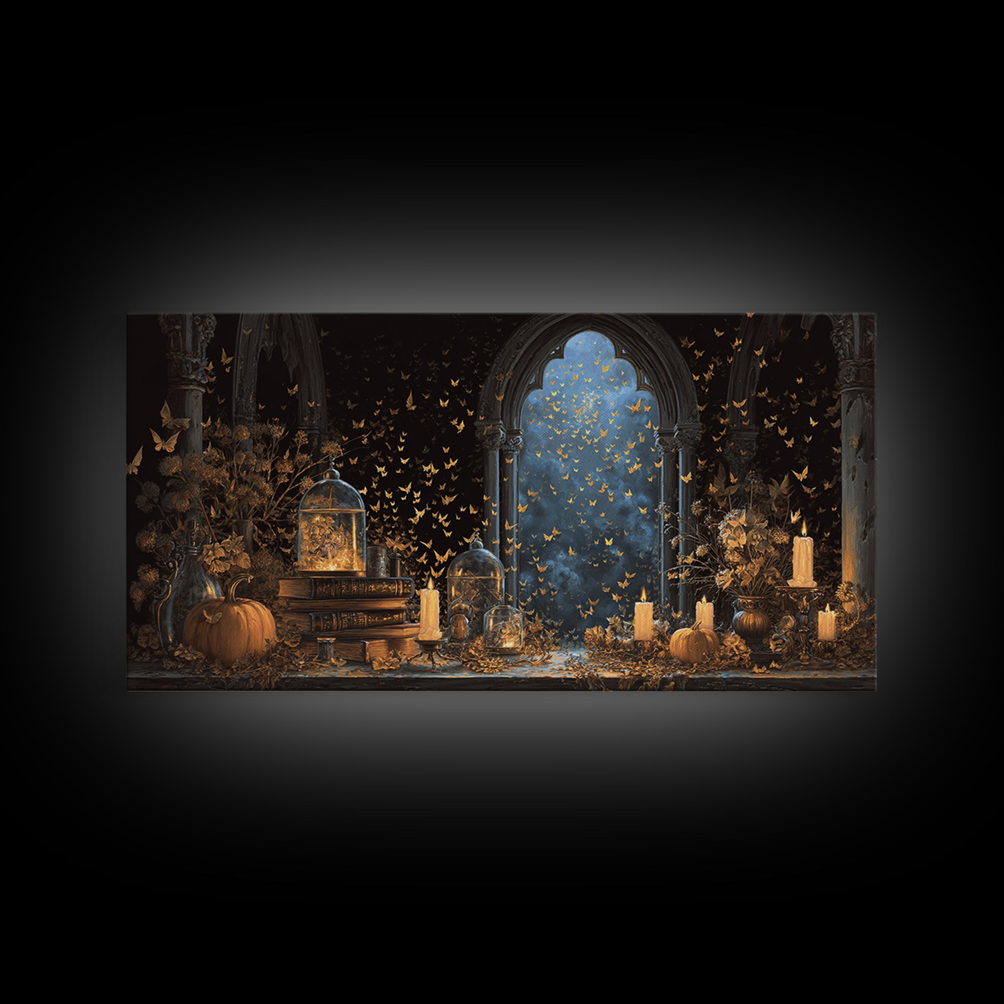 The Golden Bat Swarm - Occult Still Life, Gothic Home Decor, Wide Panoramic Art, Canvas Print, Halloween Home Decor, Gothic Wall Art