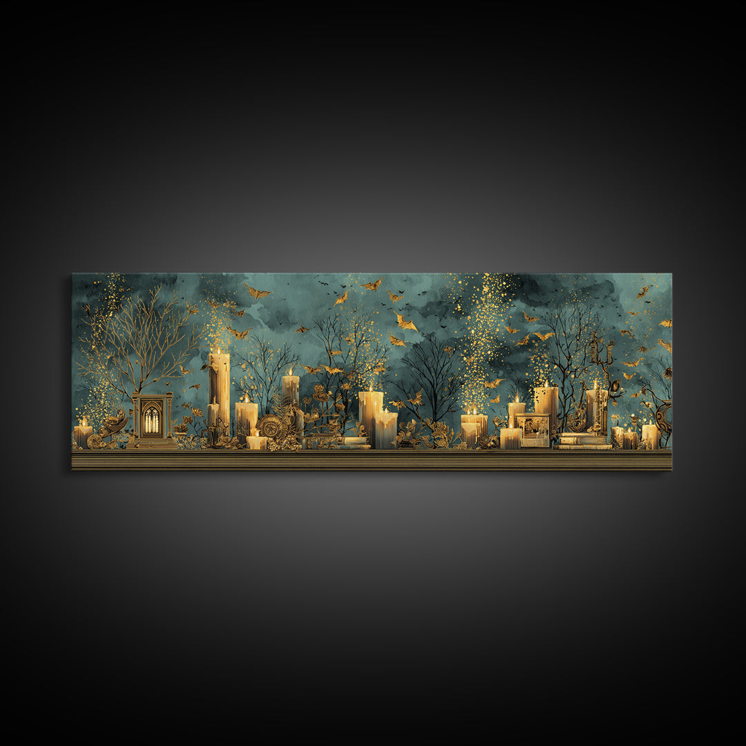The Golden Bat Swarm - Occult Still Life, Macabre Halloween Art, Extra Wide Wall Art, Framed Canvas Print, Halloween Home Decor