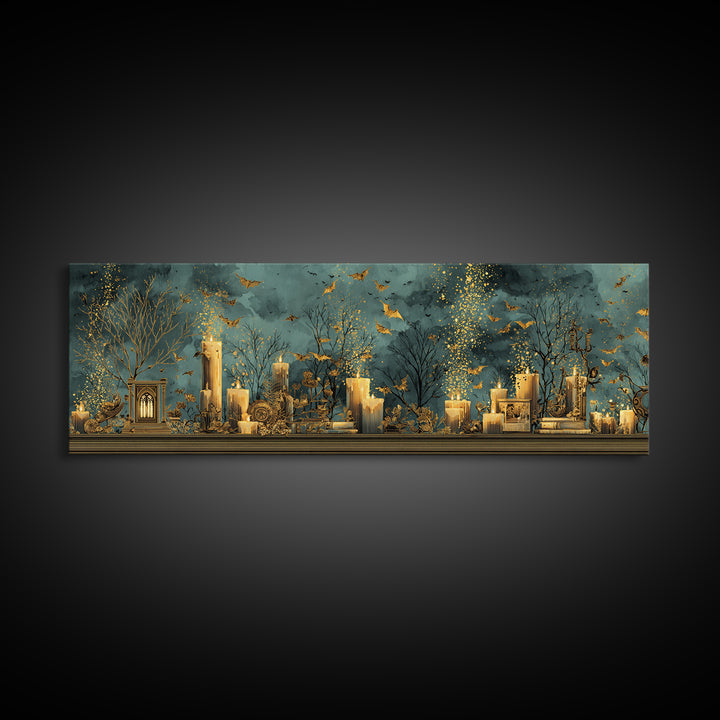 The Golden Bat Swarm - Occult Still Life, Macabre Halloween Art, Extra Wide Wall Art, Framed Canvas Print, Halloween Home Decor