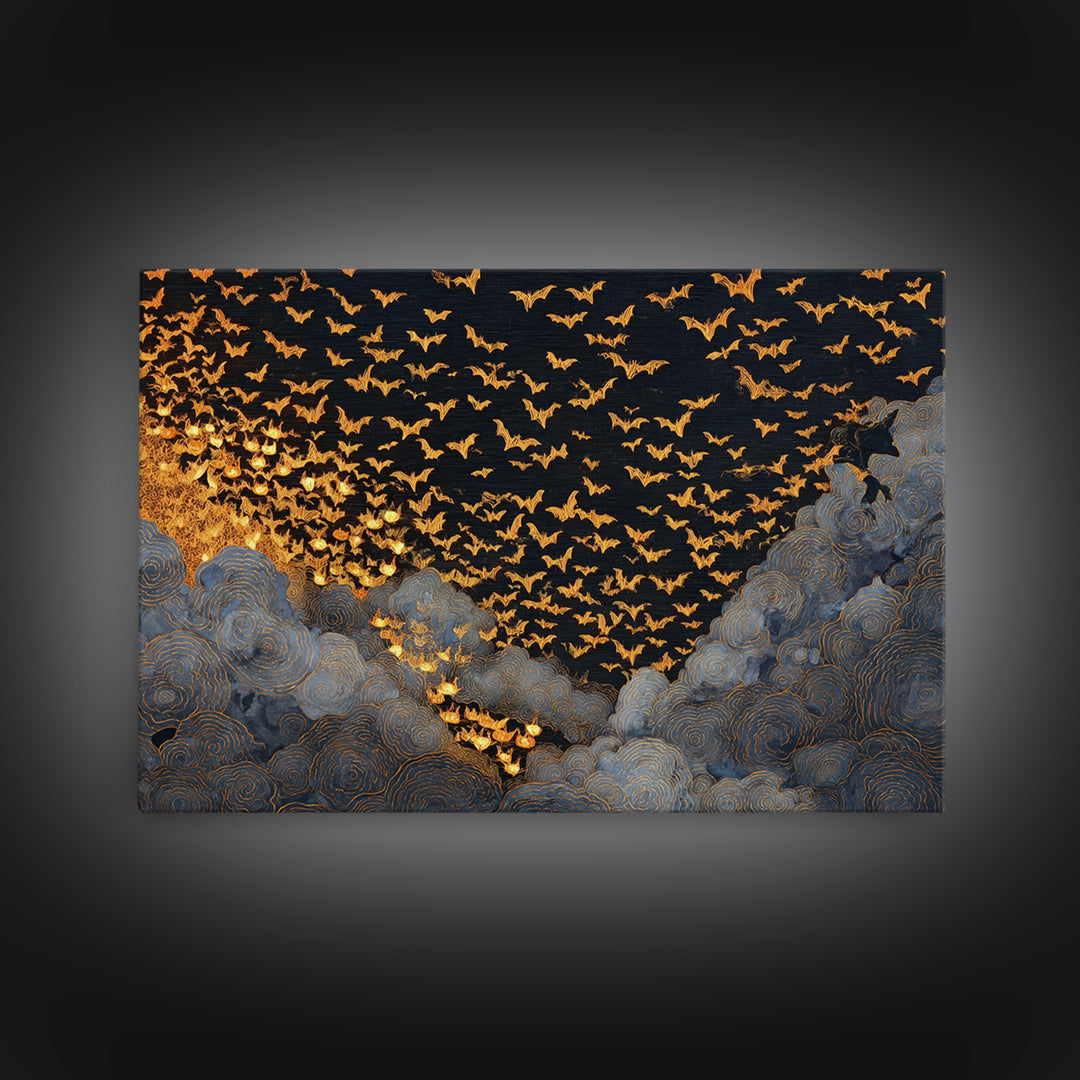 The Golden Bat Swarm - Procession Scene, Spooky Wall Decor, Landscape Wall Art, Framed Canvas Print, Halloween Home Decor, Gothic Wall Art