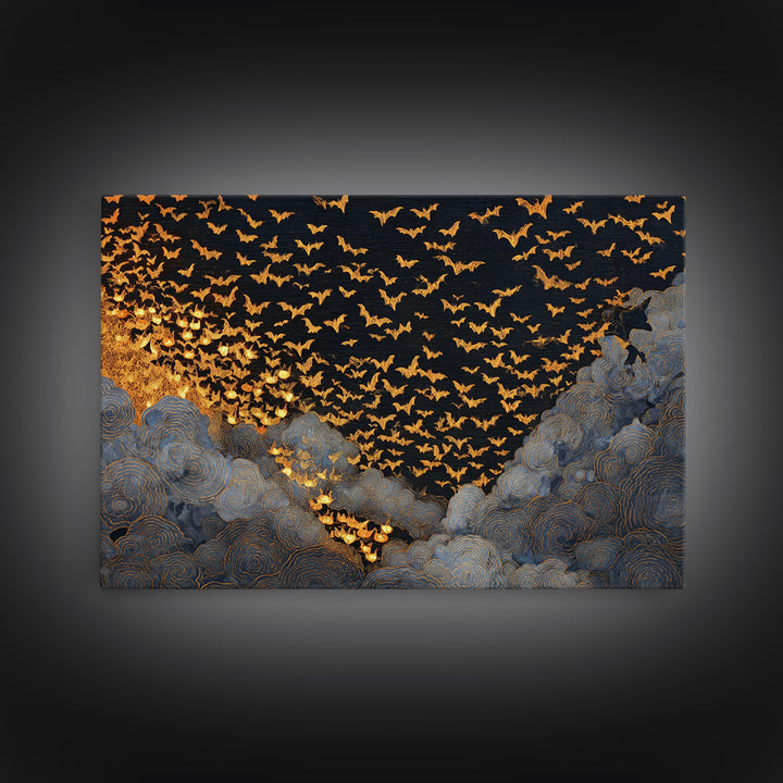 The Golden Bat Swarm - Procession Scene, Spooky Wall Decor, Landscape Wall Art, Framed Canvas Print, Halloween Home Decor, Gothic Wall Art