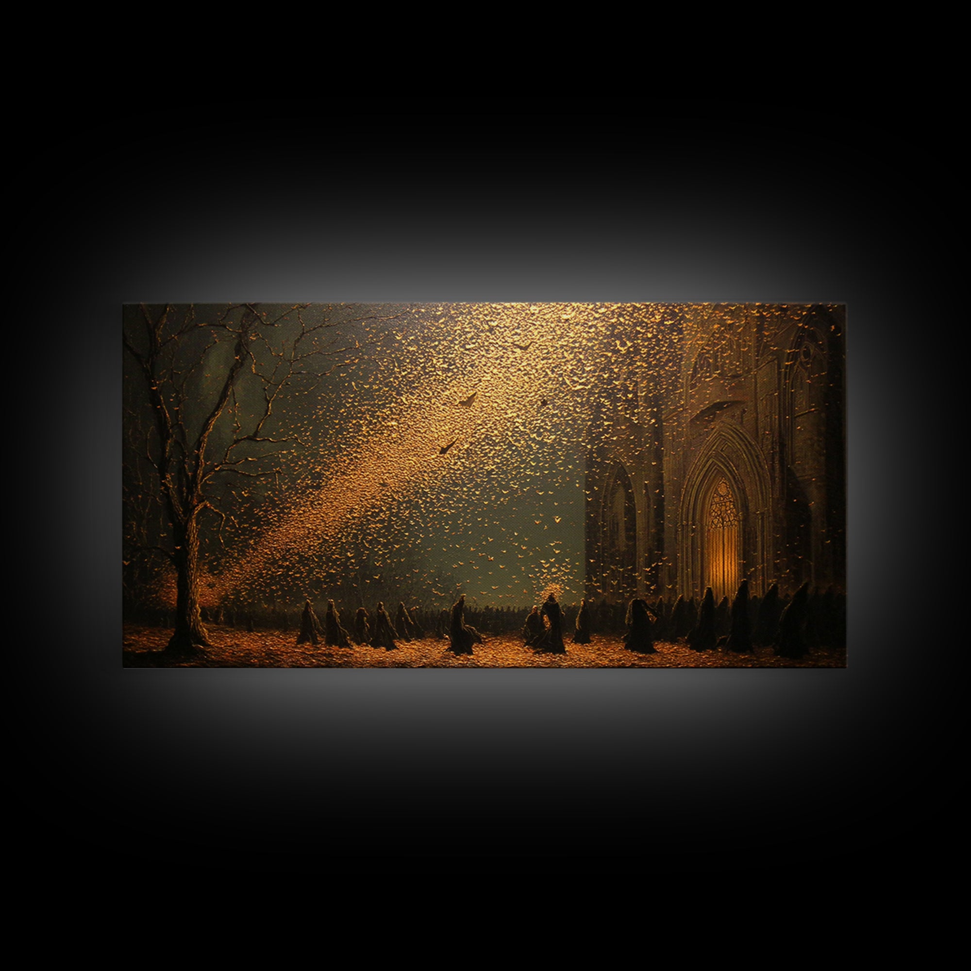 The Golden Bat Swarm - Procession Scene, Occult Wall Decor, Wide Panoramic Art, Canvas Print, Halloween Home Decor, Gothic Wall Art