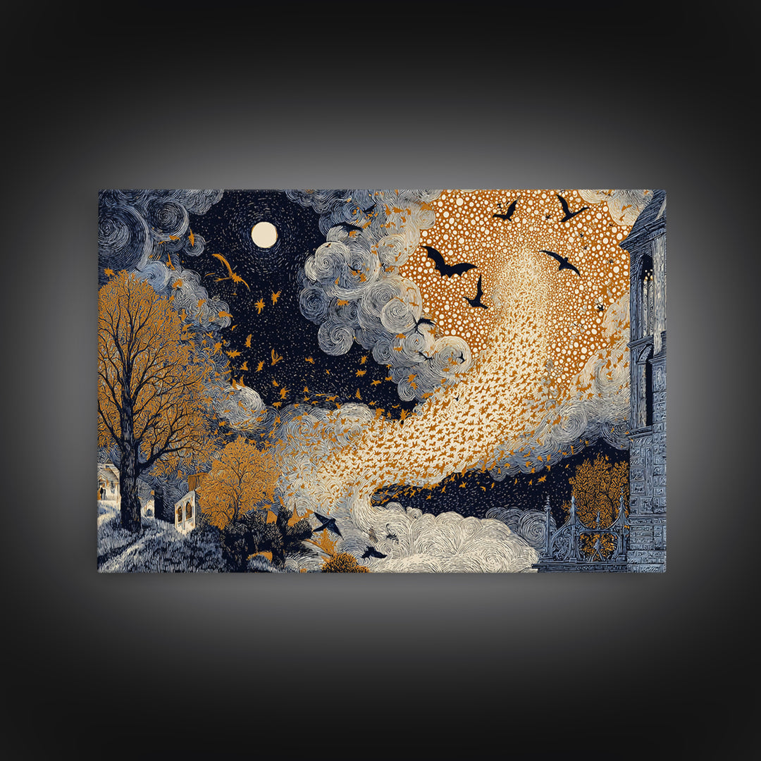 The Golden Bat Swarm - Surreal Celestial Vision, Occult Wall Decor, Landscape Wall Art, Canvas Print, Halloween Home Decor, Gothic Wall Art
