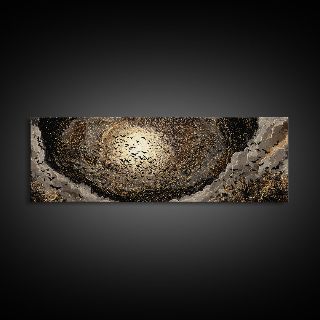 The Golden Bat Swarm - Surreal Celestial Vision, Gothic Home Decor, Extra Wide Wall Art, Canvas Print, Halloween Home Decor, Gothic Wall Art