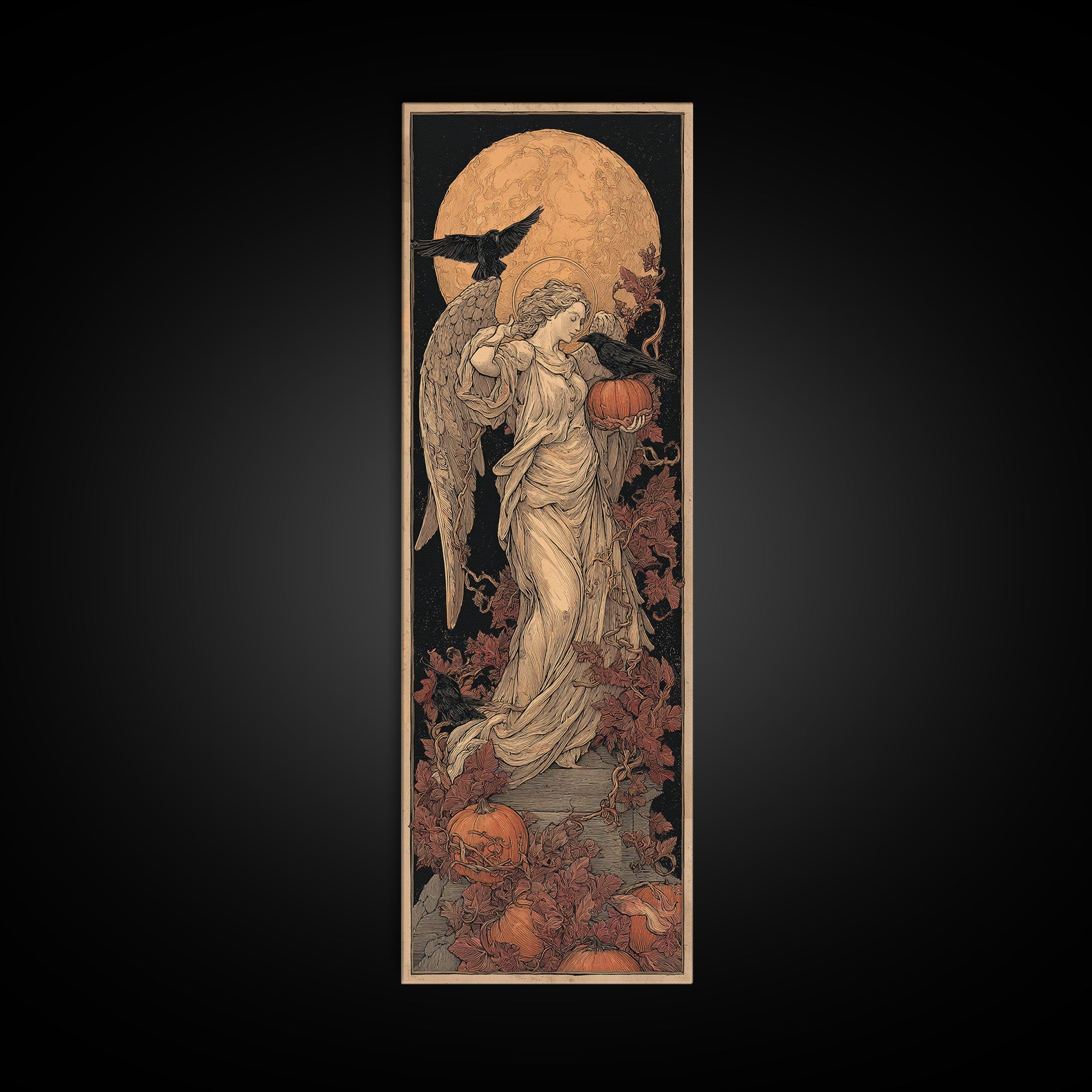The Pumpkin-Winged Angel - Icon Portrait, Spooky Wall Decor, Tall Narrow Wall Art, Framed Canvas Print, Halloween Home Decor