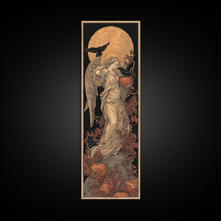 The Pumpkin-Winged Angel - Icon Portrait, Spooky Wall Decor, Tall Narrow Wall Art, Framed Canvas Print, Halloween Home Decor