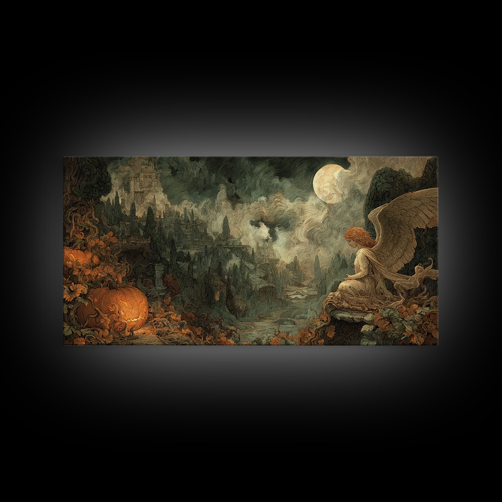 The Pumpkin-Winged Angel - Environmental Panorama, Dark Fantasy Wall Art, Wide Panoramic Art, Canvas Print, Halloween Home Decor