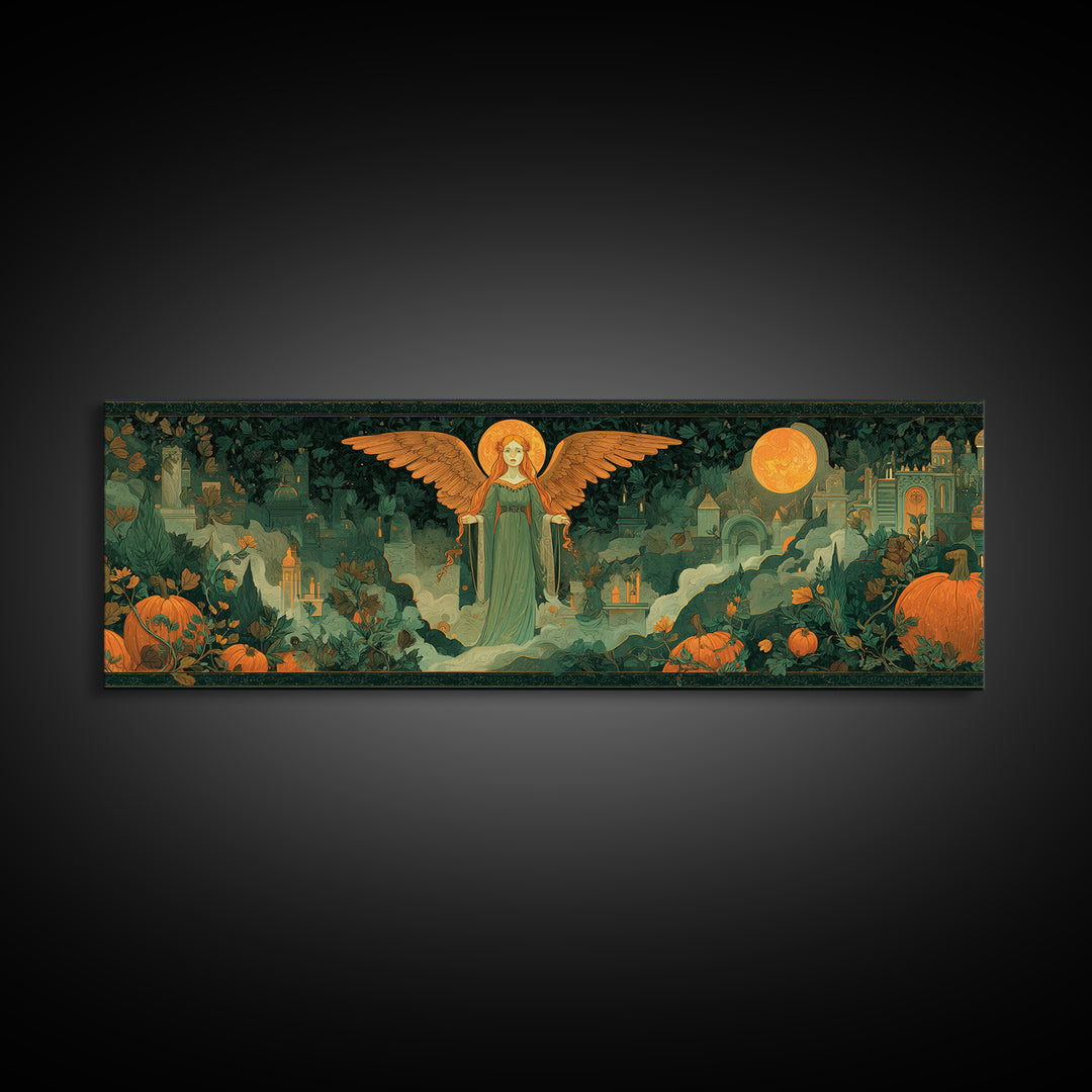 The Pumpkin-Winged Angel - Environmental Panorama, Occult Wall Decor, Extra Wide Wall Art, Canvas Print, Halloween Home Decor