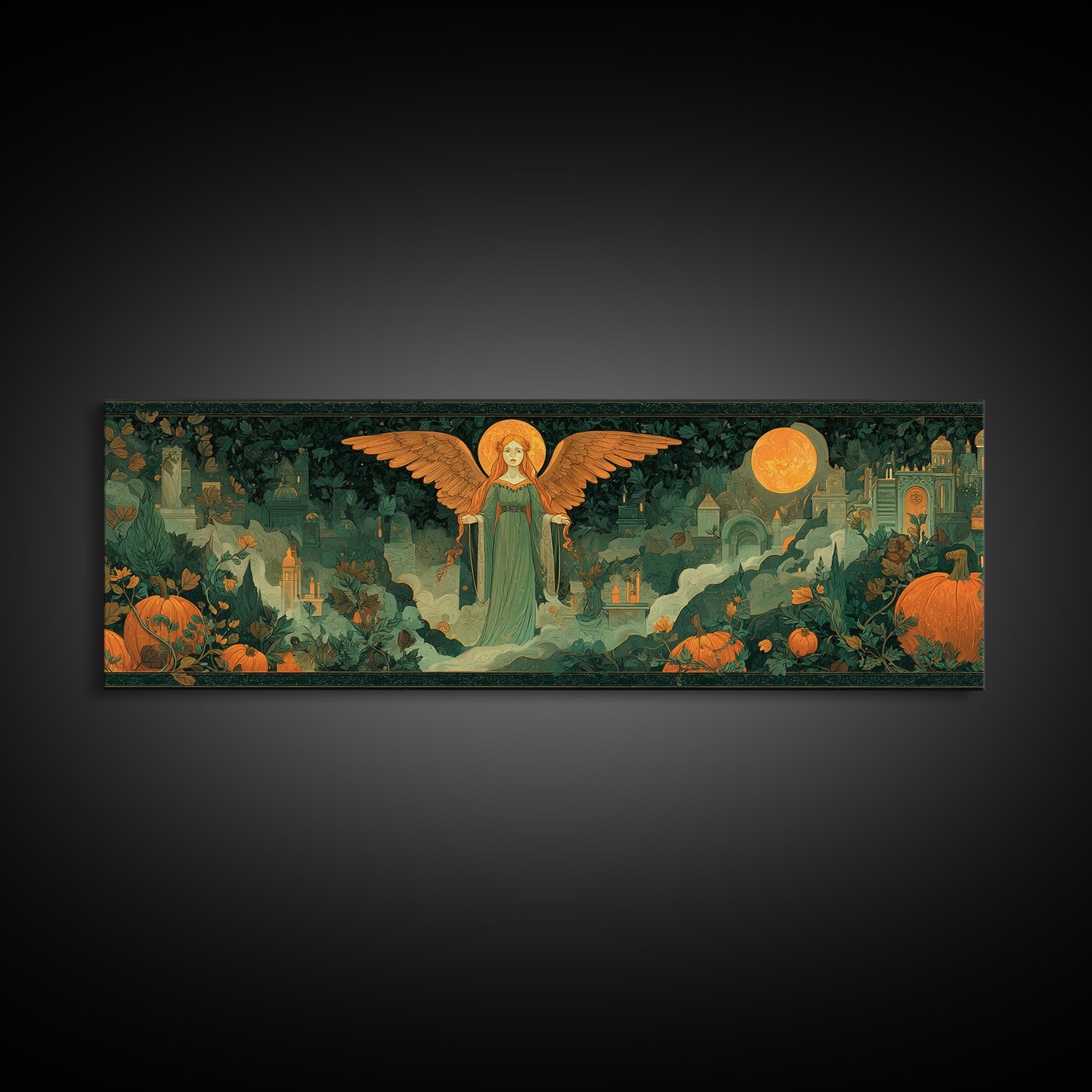 The Pumpkin-Winged Angel - Environmental Panorama, Occult Wall Decor, Extra Wide Wall Art, Canvas Print, Halloween Home Decor