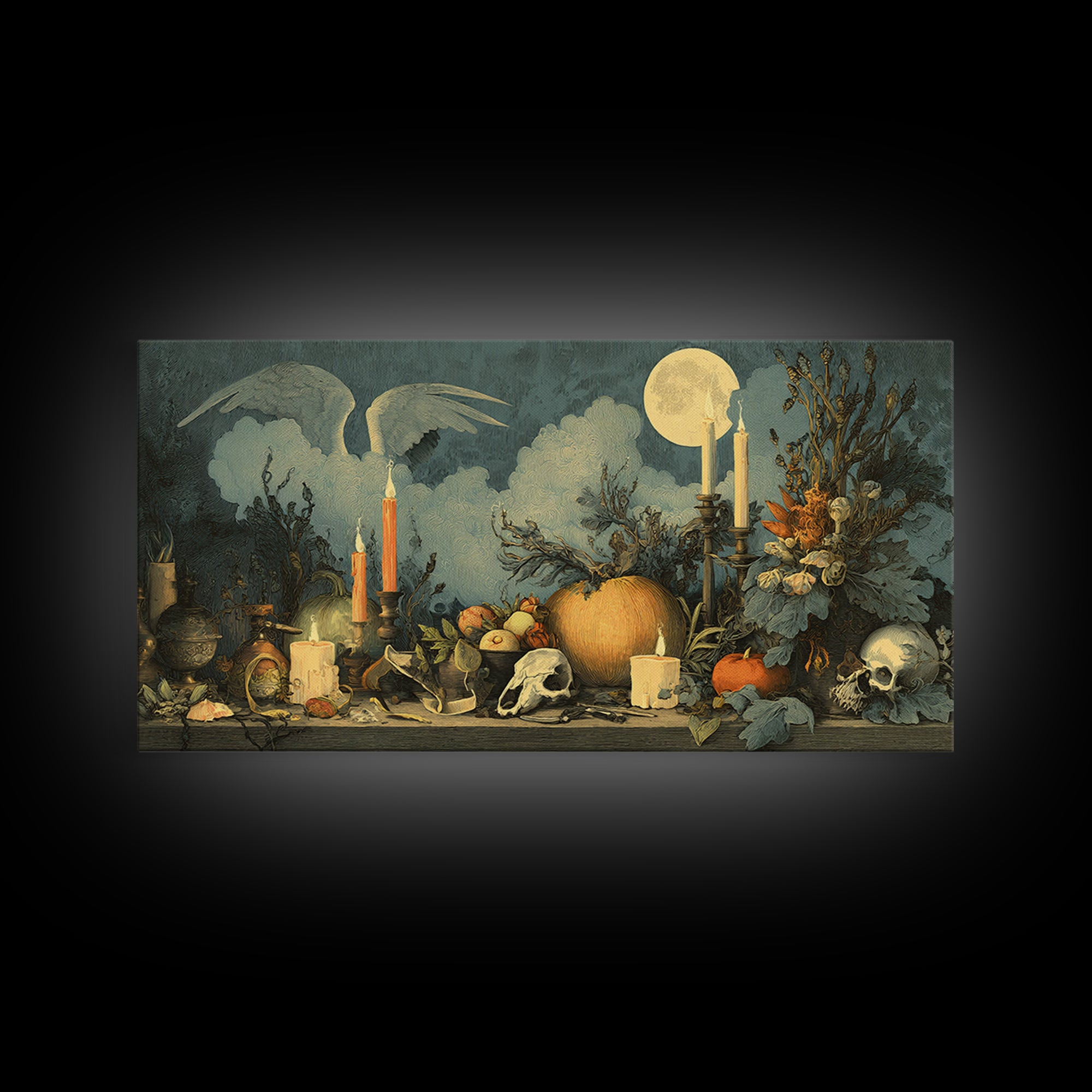 The Pumpkin-Winged Angel - Occult Still Life, Spooky Wall Decor, Wide Panoramic Art, Framed Canvas Print, Halloween Home Decor