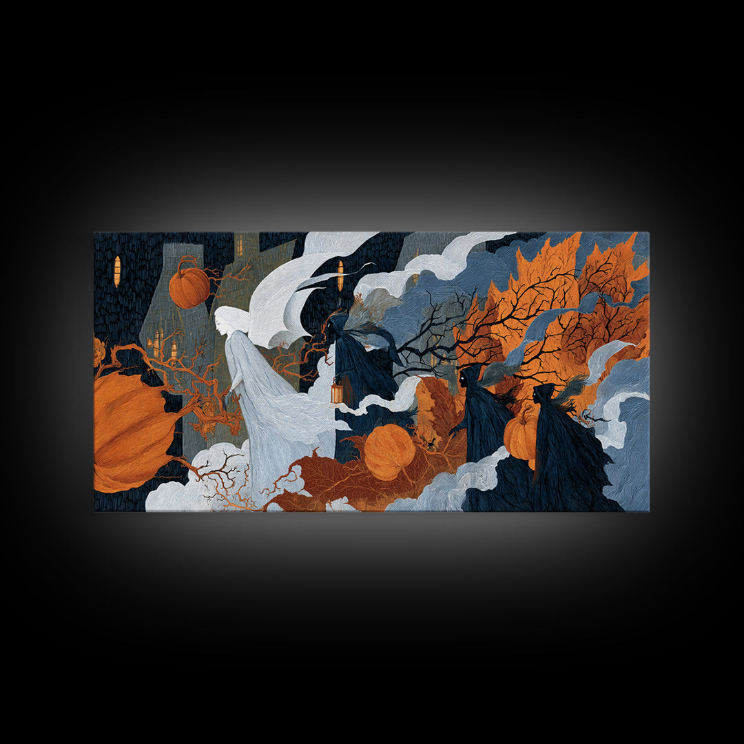 The Pumpkin-Winged Angel - Procession Scene, Macabre Halloween Art, Wide Panoramic Art, Framed Canvas Print, Halloween Home Decor