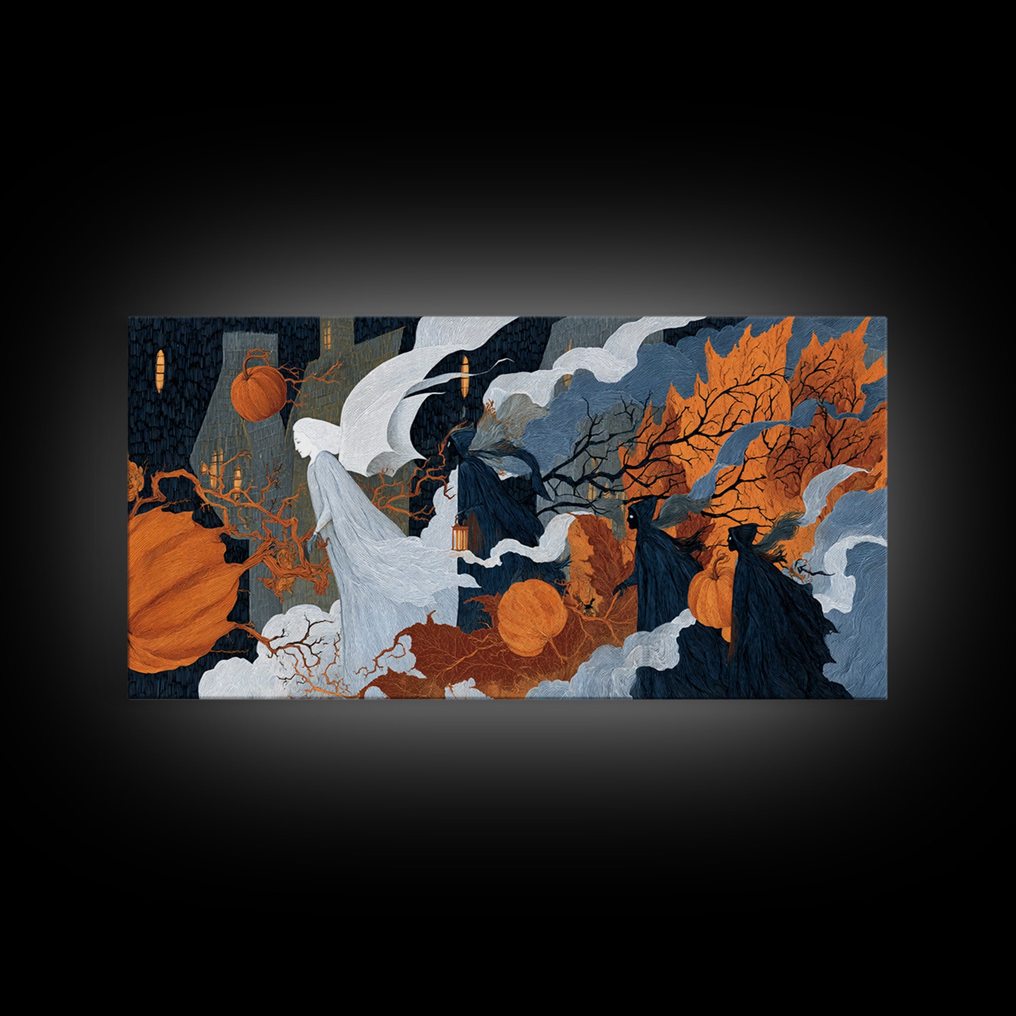 The Pumpkin-Winged Angel - Procession Scene, Macabre Halloween Art, Wide Panoramic Art, Framed Canvas Print, Halloween Home Decor